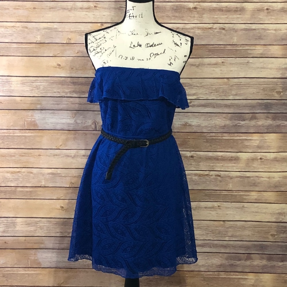 Maurices blue lace belted strapless dress small
